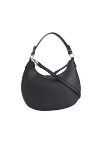 Borsa a mano in pelle nera con superficie testurizzata, forma arrotondata e due opzioni di trasporto: un manico corto e una tracolla lunga removibile.