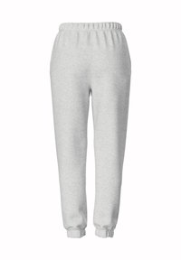 Pantaloni sportivi grigi con vita elastica, orli aderenti e una texture liscia. Design classico adatto per l'abbigliamento casual.