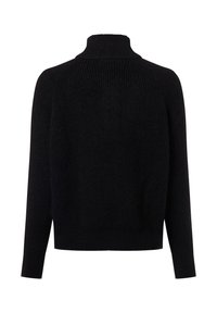 Schwarzer gerippter Strickpullover mit langen Ärmeln und hohem Kragen, von hinten auf einem weißen Hintergrund gezeigt.