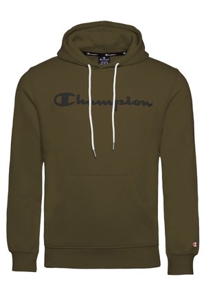 Sweat à capuche Champion vert olive avec logo noir sur la poitrine, cordons blancs, poche avant et petit logo sur le poignet gauche.