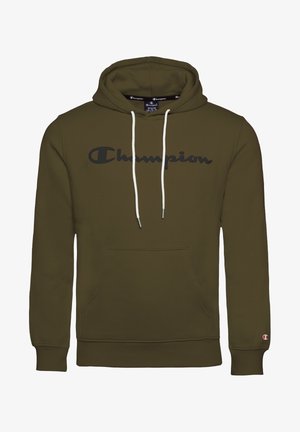 Sudadera con capucha Champion verde oliva con logo negro en el pecho, cordones blancos, bolsillo frontal y pequeño logo en el puño izquierdo.