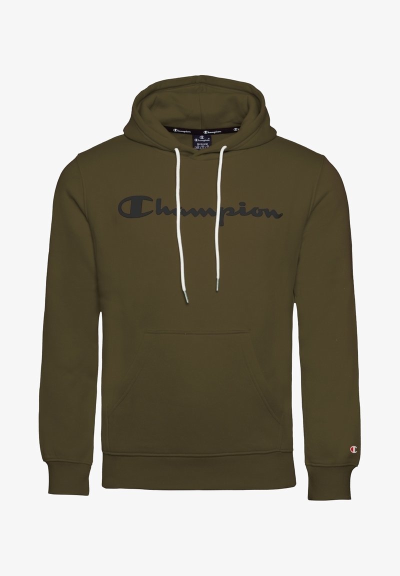 Sweat à capuche Champion vert olive avec logo noir sur la poitrine, cordons blancs, poche avant et petit logo sur le poignet gauche.