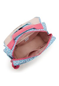 Rucksack mit pinkem und blauem Muster, mit einem Reißverschlussverschluss, ausgestattet mit einem weichen Innenfutter und einem kleinen Pompon-Akzent.
