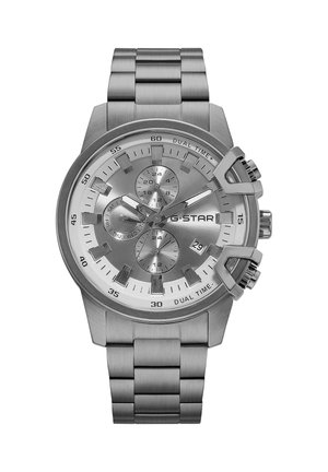 Silver stainless steel G-Star wristwatch with metal band, three subdials, dual time function, and date display at the 4 o'clock position.