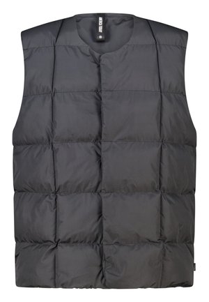Zwarte pufferbodywarmer zonder mouwen, met een doorgestikt ontwerp met gelijkmatig verdeelde vierkanten, een ronde halslijn en een gladde, niet-reflecterende afwerking.