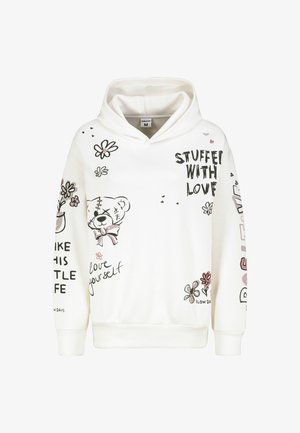 Witte hoodie met grafische ontwerpen van een beer, bloemen en tekst. Zacht materiaal met geribde manchetten en zoom, casual pasvorm.