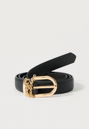 Black leather belt with a gold metal buckle featuring a braided chain accent. Flat strap tapering to a pointed end.