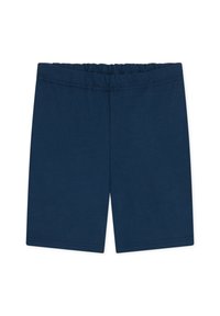 Marineblå bomulds shorts med elastisk talje, der har en glat tekstur og lige ben. Enkel design uden yderligere detaljer.