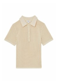 Polo shirt beige chiaro con maniche corte, caratterizzato da un design a maglia testurizzata, un colletto morbido e una patta con cinque bottoni.