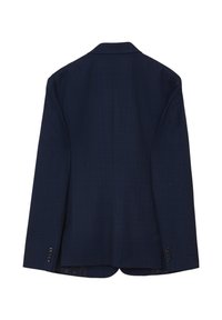 Blazer blu navy con motivo a quadri, colletto a scollo a V e polsini con bottoni. Realizzato in tessuto testurizzato con fodera liscia.