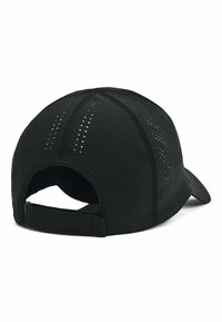 Schwarze Baseballmütze mit atmungsaktiven Netzpaneelen, einem gebogenen Schirm, verstellbarem Riemen und strukturierten Akzenten zur Belüftung.