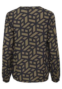 Langärmlige Bluse mit einem geometrischen Muster in Schwarz und Olivgrün, aus weichem Stoff, runder Ausschnitt und gerafften Bündchen mit Knopfdetails.