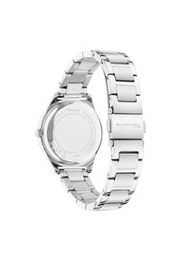 Silberne Edelstahl-Uhr mit polierter Oberfläche, Gliederarmband und rundem Gehäuse. Verfügt über einen transparenten Gehäuseboden mit Markierung.