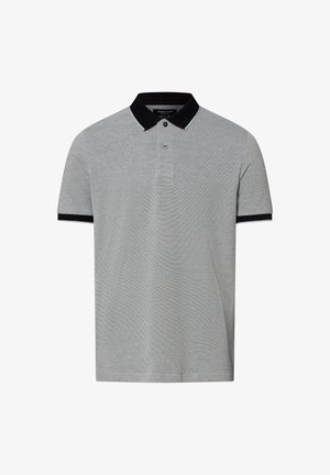 Grijze polo met korte mouwen, zwarte kraag en accenten op de mouwen, drie knopen, en een gestructureerde stof.