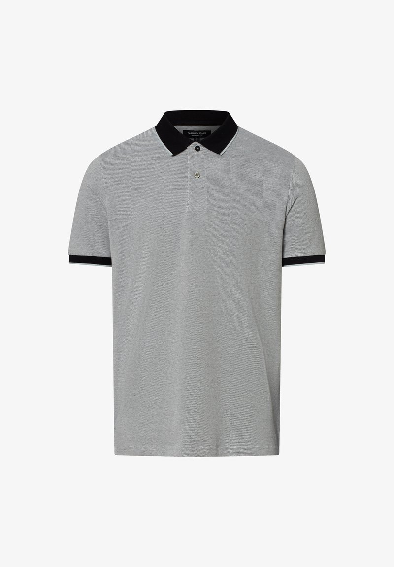 Grijze polo met korte mouwen, zwarte kraag en accenten op de mouwen, drie knopen, en een gestructureerde stof.