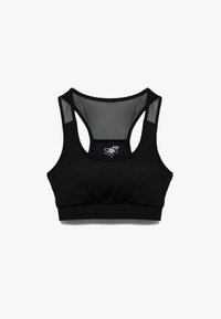 Schwarzer Sport-BH mit glatter Textur, Racerback-Design und Netzakzenten. Das Etikett innen trägt die Aufschrift "Sport", Größe S.