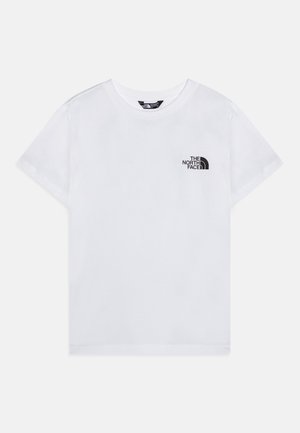 T-shirt bianco in cotone con maniche corte, scollo rotondo, con un logo nero sul lato sinistro del petto. Tessuto liscio, vestibilità standard.