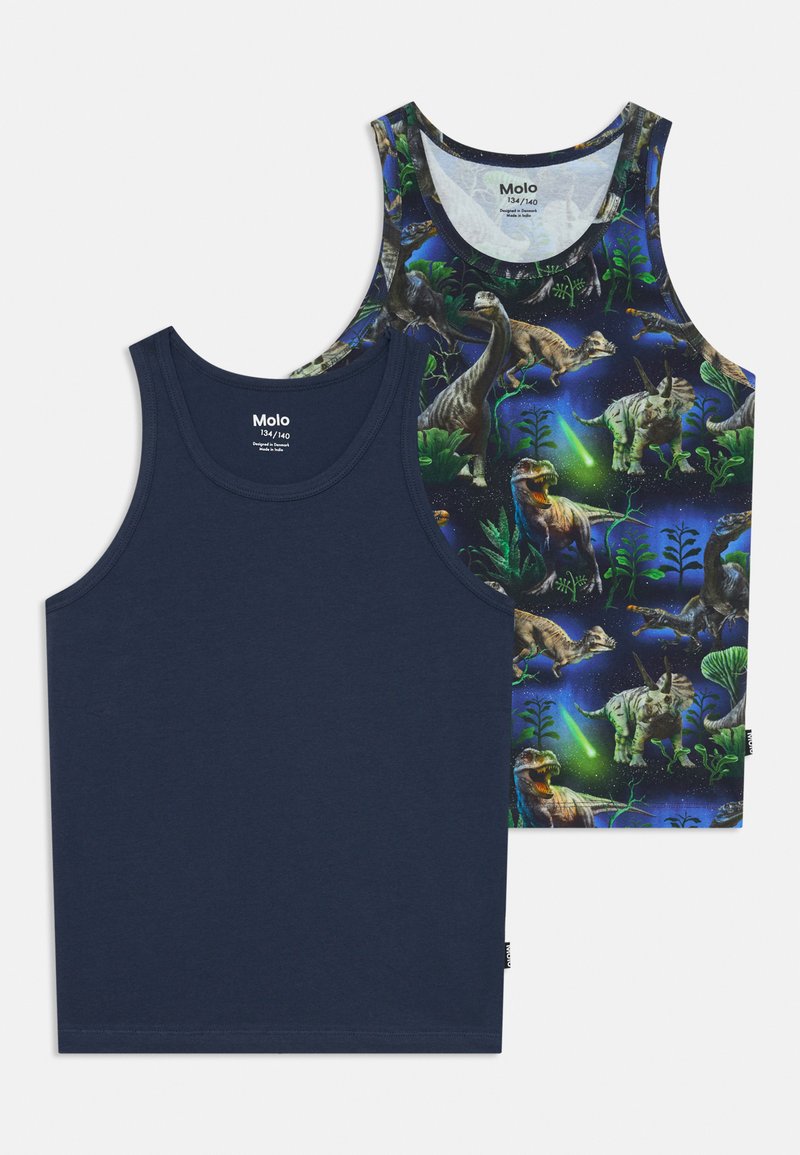 Two tank tops: one solid navy, the other featuring a colorful dinosaur print on a dark background, made from soft cotton.