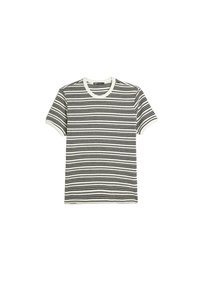 Camiseta de rayas en blanco y negro con mangas cortas, escote redondo y un diseño de punto texturizado. Acentuada con bordes ribeteados en blanco.