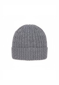 Gray knitted beanie hat with a ribbed texture and turned-up cuff. The fabric appears soft, with a consistent pattern throughout.