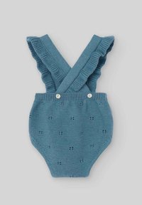 Combinaison en tricot pour bébé en bleu avec des bretelles croisées à volants, ornée de petits détails brodés et de boutons de fermeture à la taille.