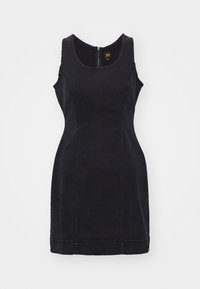 Μαύρο χωρίς μανίκια τζιν φόρε μα με εφαρμοστή σιλουέτα, στρογγυλή λαιμόκοψη και κλείσιμο με φερμουάρ στην πλάτη. Διαθέτει ραφές και ομαλή υφή.