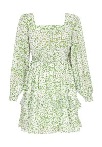 Rochie florală verde, cu decolteu pătrat, mâneci lungi și umflate, talie smockată și tiv franjurat, purtând model de flori albe pe întreaga suprafață.
