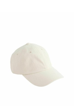 White cotton baseball cap with a curved brim, six-panel design, and ventilation holes on top. The texture is smooth and fabric-like.