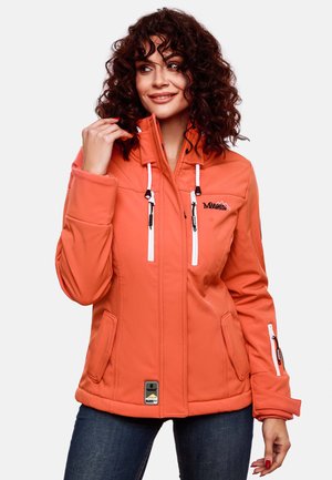 Orange waterproof jacket with a zippered front, adjustable hood, white accents, and side pockets, designed for outdoor activities.