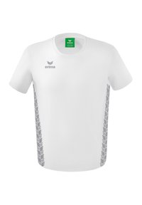 Witte, korteblend t-shirt van katoen met een ronde halslijn. Beschikt over grijze, gestreepte accenten aan beide zijden en een logo op de borst.