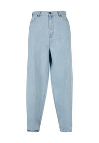 Jeans azzurri chiari a vita alta, con vestibilità rilassata, chiusura frontale con bottone, passanti per cintura e tasche laterali, su sfondo bianco.