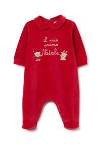 Monosie de bebé de terciopelo rojo con mangas largas, cuello y cierre a presión. Presenta texto bordado "il mio primo Natale" y diseños de animales festivos.