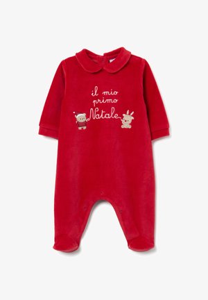 Grenouillère en velours rouge pour bébé avec des manches longues, un col et une fermeture à pression. Elle présente un texte brodé "il mio primo Natale" et des motifs d'animaux festifs.