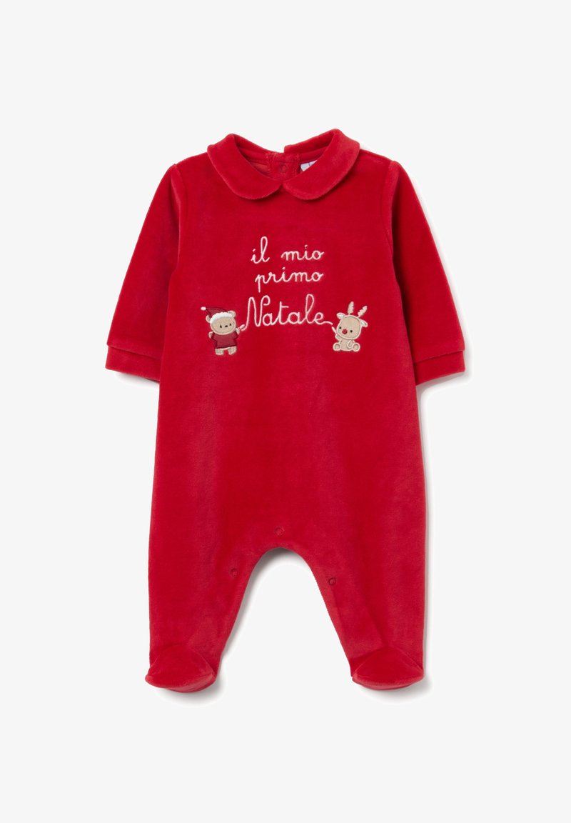Monosie de bebé de terciopelo rojo con mangas largas, cuello y cierre a presión. Presenta texto bordado "il mio primo Natale" y diseños de animales festivos.