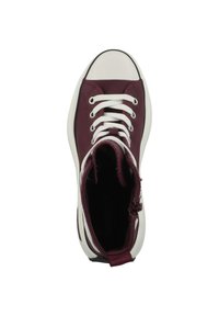Maroon high-top sneaker with white laces, rubber toe cap, and black sole. Smooth material and zipper detail near the ankle.