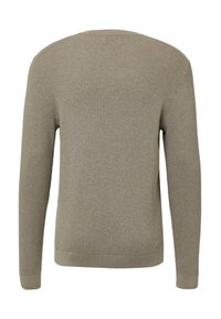 Khaki sweter dzianinowy z długimi rękawami, okrągłym dekoltem, wzorem teksturowym oraz ściągaczami na rękawach i dolnym brzegu. Widok z tyłu ukazujący luźny krój.