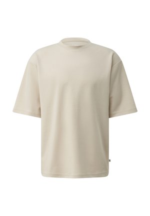 Maglietta beige a maniche corte con scollo tondo e vestibilità comoda, design semplice, mostrata su sfondo bianco.