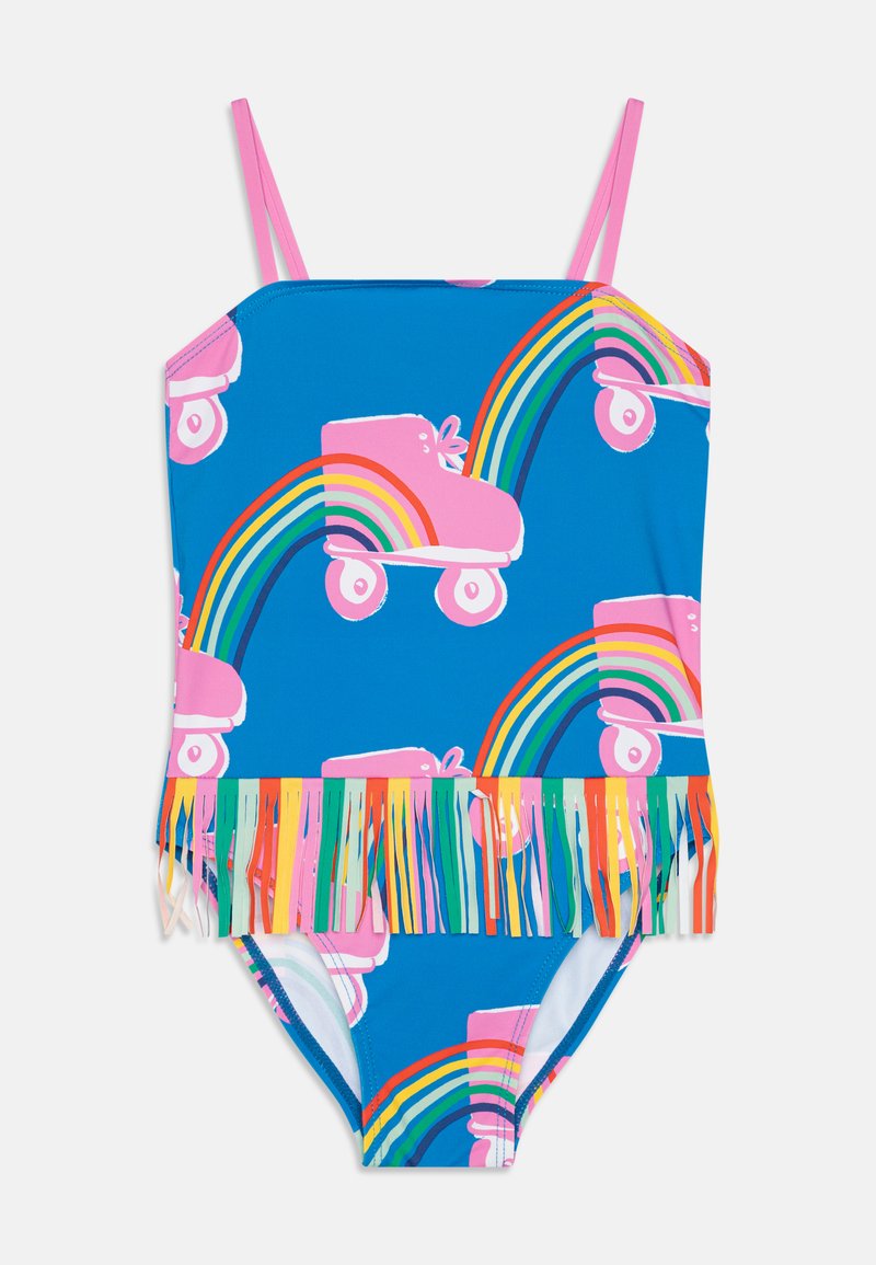 Modré jednodílné plavky s motivem růžových koloběžek a duhy, s mnohobarevným třásněmi v pase a nastavitelnými ramínky.