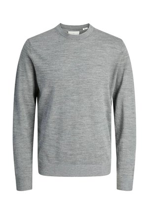 Grå crew neck tröja gjord av mjukt tyg. Har långa ärmar och en ribbad fåll, med en slät, jämn textur. Inga mönster eller detaljer.