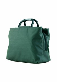 Sac en tissu vert avec une surface texturée, deux poignées rondes et une poche zippée sur le côté pour un rangement supplémentaire.