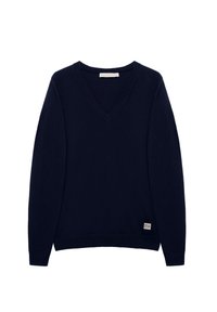 Pull bleu marine foncé à manches longues et col en V avec un petit patch logo "Polo Club" sur le bas devant.