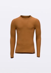 Hnedý sveter s dlhým rukávom z rebrovanej látky, s guľatým výstrihom a priliehavým strihom. Minimalistický dizajn bez viditeľných vzorov.