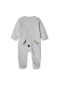 Grauer Fleece-Overall mit langen Ärmeln, der ein Bärenkopf-Design auf der Rückseite und weichen, abgerundeten Ohren als Akzent hat.