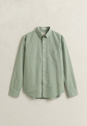 Overhemd met lange mouwen en knopen, met een klein groen-wit ruitpatroon, borstzak en klassieke kraag, plat gelegd op een neutrale achtergrond.