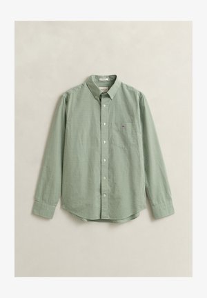 Overhemd met lange mouwen en knopen, met een klein groen-wit ruitpatroon, borstzak en klassieke kraag, plat gelegd op een neutrale achtergrond.