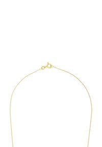 Guldtonad kedja halsband med en delikat, slät yta och en kräftklo-stängning; har en tunn, rund design.