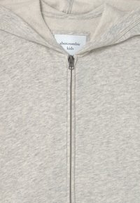 Sudadera con cremallera de color gris claro, con una etiqueta visible de "abercrombie kids" en el interior del cuello y una cremallera plateada cerrada en la parte delantera.