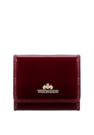 Burgundy leather wallet with a glossy finish. Features a gold embossed logo and contrasting stitching along the edges. Compact design.
