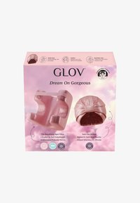 GLOV Dream On Gorgeous, met een roze satijnen haarband en kussen, ontworpen om pluizig haar en klitten tijdens de slaap te voorkomen.