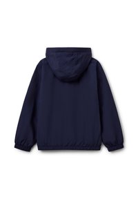Navy blue hooded jacket with elastic cuffs and hem, soft texture, lightweight material, and minimal design. Rear view shown.